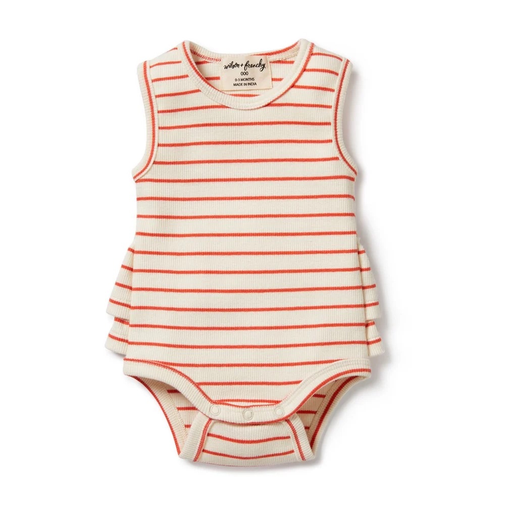 Wilson and Frenchy Rouge Organic Ruffle Cream and Orangey-red stripe Bodysuit
